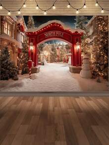 1. 红色圣诞北极雪村背景布，冬日仙境场景，包含圣诞老人小屋、雪景和闪烁灯光，非常适合室内/室外节日派对、摄影背景、圣诞活动、冬季圣诞主题背景、圣诞背景布、雪人主题背景、圣诞快乐摄影背景 - 彩色 - 查看 1