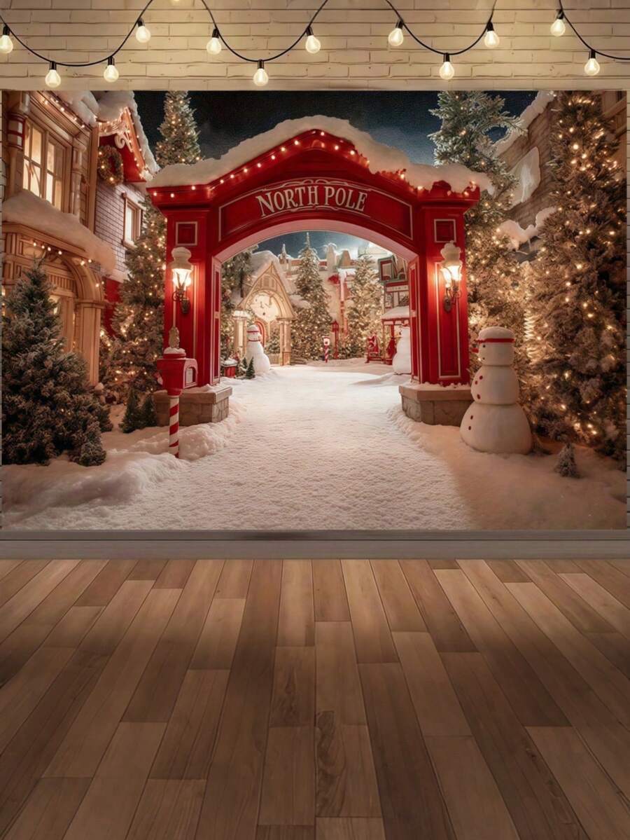 1. 红色圣诞北极雪村背景布,冬日仙境场景,包含圣诞老人小屋、雪景和闪烁灯光,非常适合室内/室外节日派对、摄影背景、圣诞活动、冬季圣诞主题背景、圣诞背景布、雪人主题背景、圣诞快乐摄影背景 - 彩色 - 查看 1