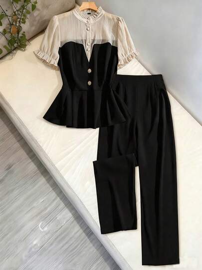 GlowEve CURVE 大码女式透视拼接立领荷叶边下摆系带短袖优雅百搭约会上衣+纯色宽松长裤轻盈法式通勤约会两件套