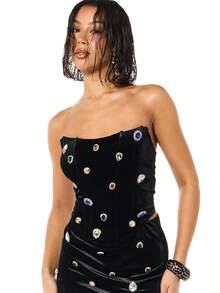 SUMWON WOMEN Velvet Strapless Corset Top With Colorful Jewel Crystal Embellishments And Back Lace Up Detail For Evening Occasions - Black - View 1