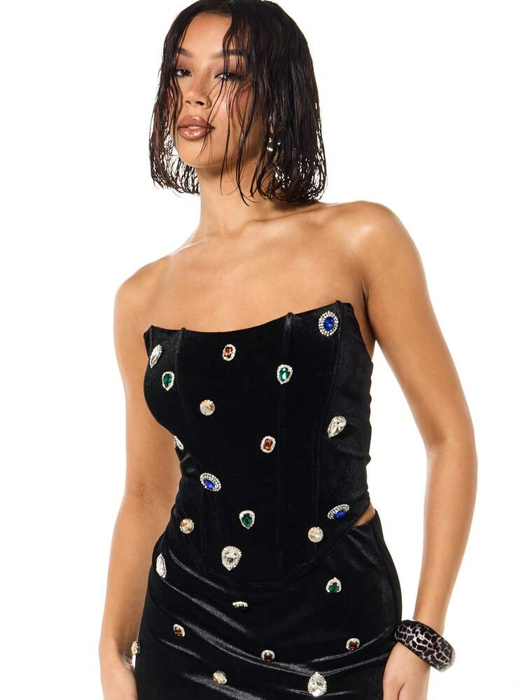 SUMWON Velvet Strapless Corset Top With Colorful Jewel Crystal Embellishments And Back Lace Up Detail For Evening Occasions