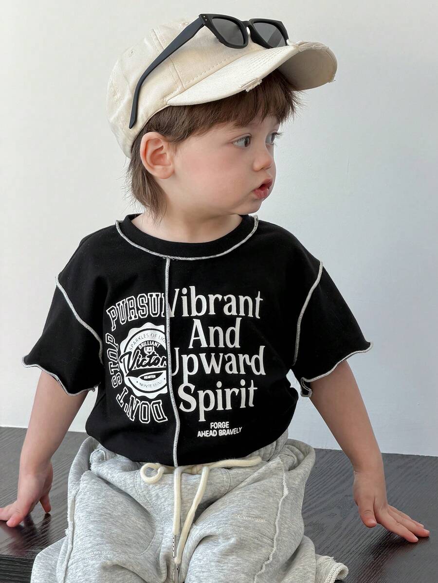 DAZY Baby Boys' Round Neck Quilted English Print Short Sleeve Top Spring Summer - Black - View 1