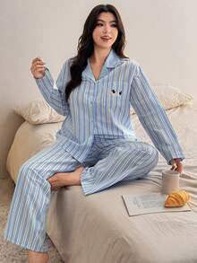 Dazy Plus Conjunto de Pijama Solto com Estampa Cartoon Listrada, Roupa de Dormir Casual para Mulheres Plus Size - Azul - Visão 6