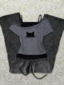 SHEIN PETITE Petite Casual Minimalist Style Black & Gray Contrast Fitted T-Shirt, Suitable For Spring & Summer - Multicolor - View 8