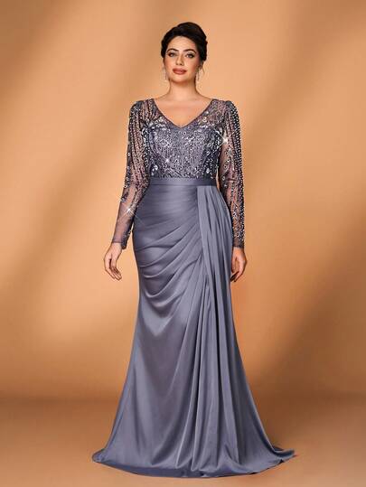 Serin 大码优雅奢华深灰色和紫色亮片刺绣缎面V领长袖褶皱不对称下摆连衣裙，适合晚宴、约会、舞会、度假、婚礼、新娘母亲、宾客等场合。