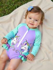 SHEIN Toddler Girl Island Palm Tree Print Long Sleeve Zipper One-Piece Swimsuit, Cute Ruffle Raglan Sleeve Sun Protection Swimwear