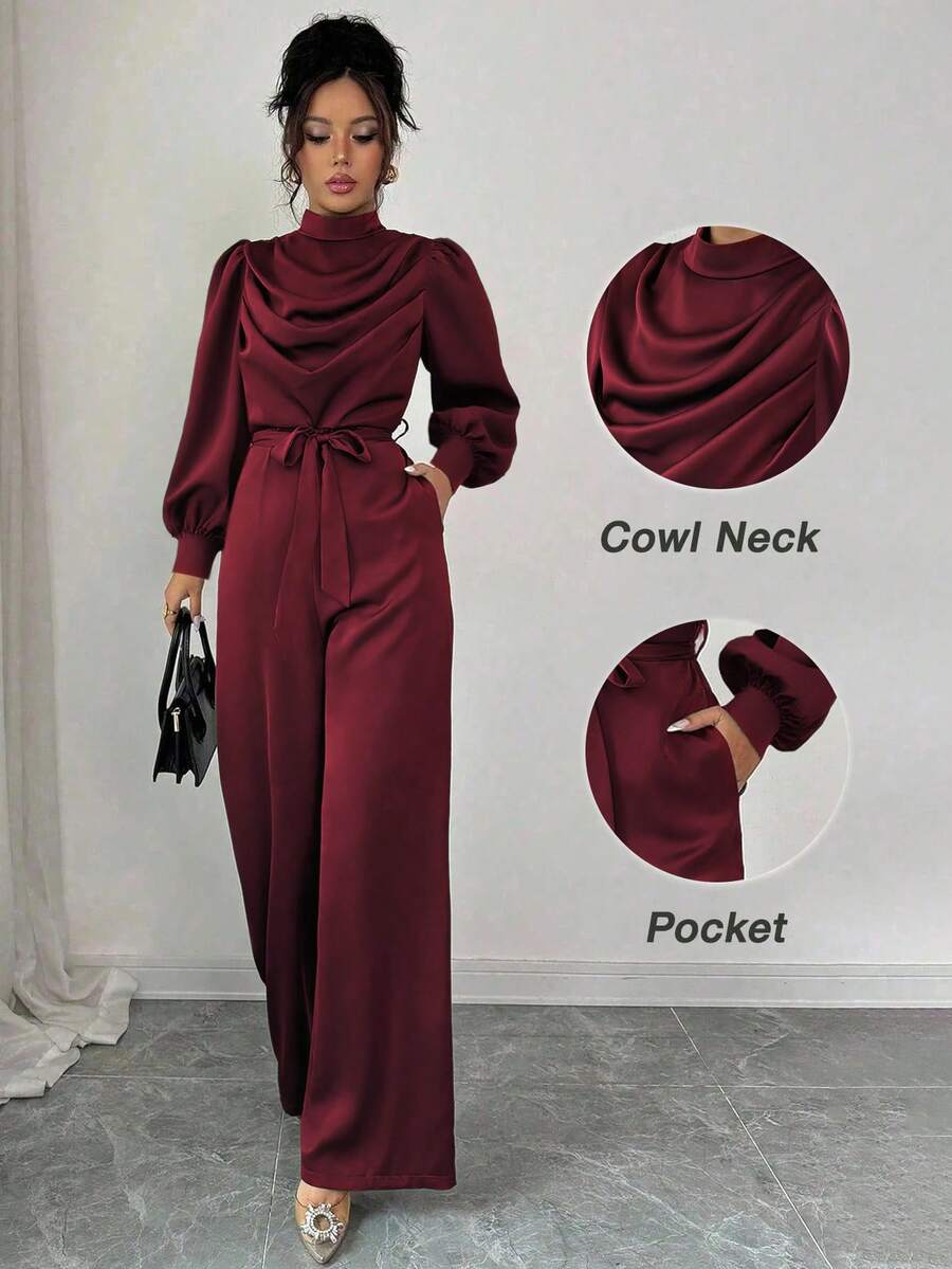 Elenzga Women's Elegant Commuter Jumpsuit, Mock Neck, Ruched Collar, Puff Sleeves, Bow Tie Waist, Double Pockets, Long Sleeve, Slim Fit, Straight Leg, Moss Green, Autumn/Winter - Burgundy - View 1