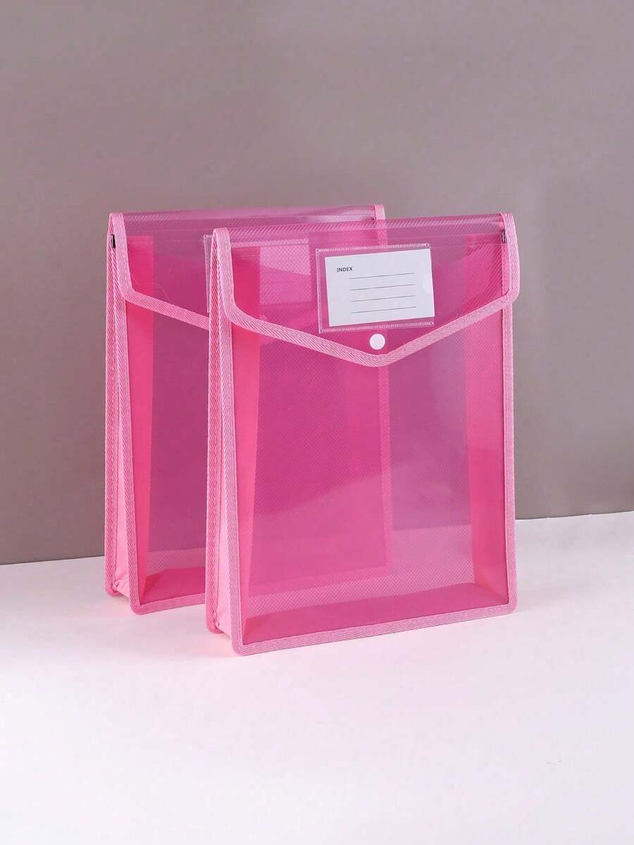 1pc/2pcs Large Capacity A4 File Folder Thick Waterproof Document Bag With Buttons Transparent Student Assignment And Exam Paper Holder Back To School,Back To School,School Supplies - Pink - View 1