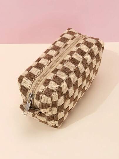 1Pc Classic Brown Checkerboard Knitted Waterproof Octagonal Makeup Bag, Large Capacity Travel Cosmetic Organizer Pouch For Women - Portable Toiletry Bag, Makeup Travel Essentials, Zipper Storage Clutch, Gifts For Her