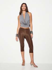 KIZN High Waisted Capri Leggings For Women Stretchy Mid Calf Length Fitted Bottoms Casual Daily Wear - Brown - View 3