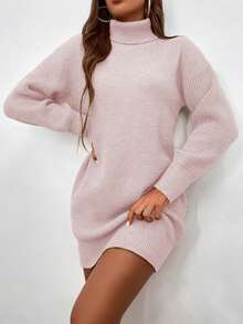 Rafferiza Solid Color High Neck Drop Shoulder Long Sleeve Loose Casual Knit Sweater Dress - Baby Pink - View 3