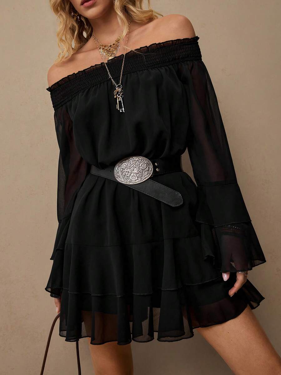 Freevana 女士时尚纯色露肩长袖短裙 - 黑色 - 查看 1