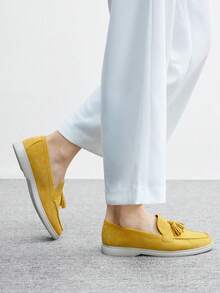 CUCCOO BIZCHIC 女士时尚芥末黄绒面革舒适休闲一脚蹬乐福鞋，百搭平底鞋，适合户外、通勤、工作和日常穿着 - 芥末黃 - 查看 8