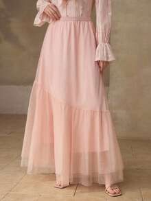 MOTF PREMIUM ELEGANT ASYMMETRIC MESH PATCHWORK PINK MERMAID SKIRT - Pink - View 4