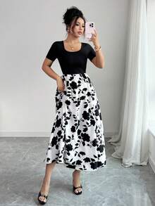 Elenzga Women's Elegant U-Neck Short Sleeve Solid Color Patchwork Floral Print A-Line Dress - Multicolor - View 3