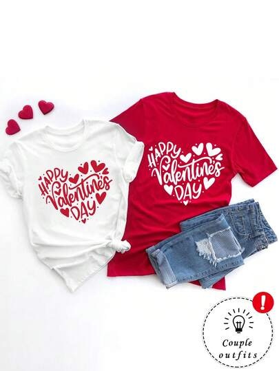 EMERY ROSE Happy Valentine's Day Couple T-Shirts, The Best Valentine's Day Gift, A Perfect Gift For Your Loved One, Suitable For Both Valentine's Day And New Year's.
