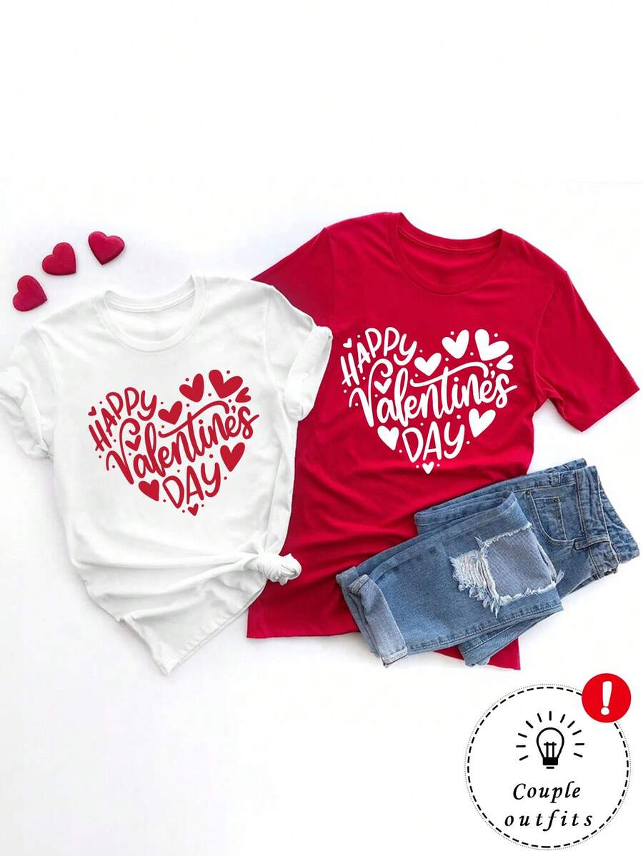 EMERY ROSE 情人节快乐情侣T恤，最佳情人节礼物，送给爱人的完美礼物，情人节和新年都适合。 - 白色 - 查看 1