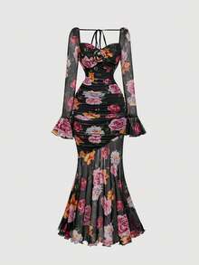SHEIN MOD Váy đuôi cá tay loe họa tiết hoa đen - Nhiều màu - Xem 5