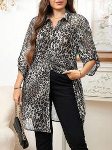 Reflora 大码女式豹纹袖口单排扣休闲时尚衬衫 - 灰色 - 查看 4