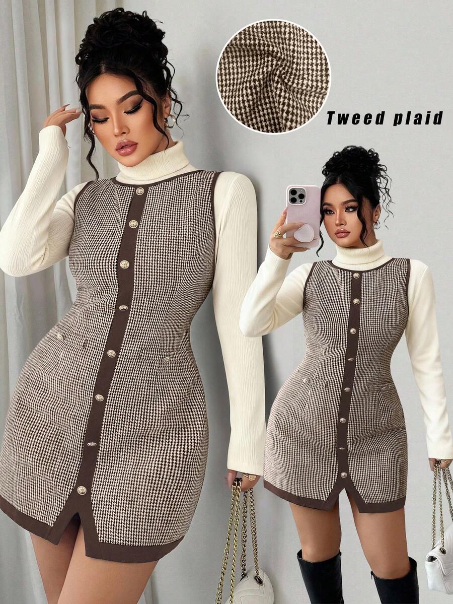 Elenzga Women's Elegant Round Neck Sleeveless Houndstooth Patchwork Wool Blend Dress, Suitable For Casual, Office, And Daily Wear, Autumn/Winter - Coffee Brown - View 1