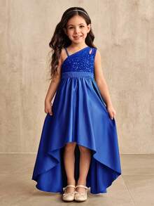 SHEIN Elladie kids 女童圣诞礼服、派对礼服、新年礼服、适合儿童的公主裙、不对称露背亮片礼服、蓝色礼服、蓬蓬裙、生日派对礼服、婚礼司仪礼服、中东和欧洲四季礼服、嘉年华礼服。 - 寶藍色 - 查看 5