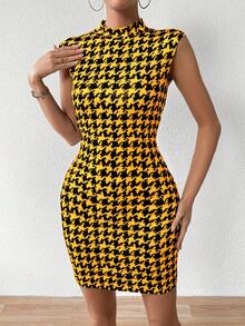 Glyssa Women's Houndstooth Collar Elegant Waist Cinched Mini Dress, Suitable For Party And Gathering - Yellow - View 4