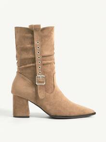 CUCCOO CHICEST Women's Fashion Versatile Commuter Buckle Pointed Toe Mid-Calf Boots - Khaki - View 10