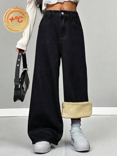SHEIN Tween Girl Solid Color Casual Thermal Lined Jeans