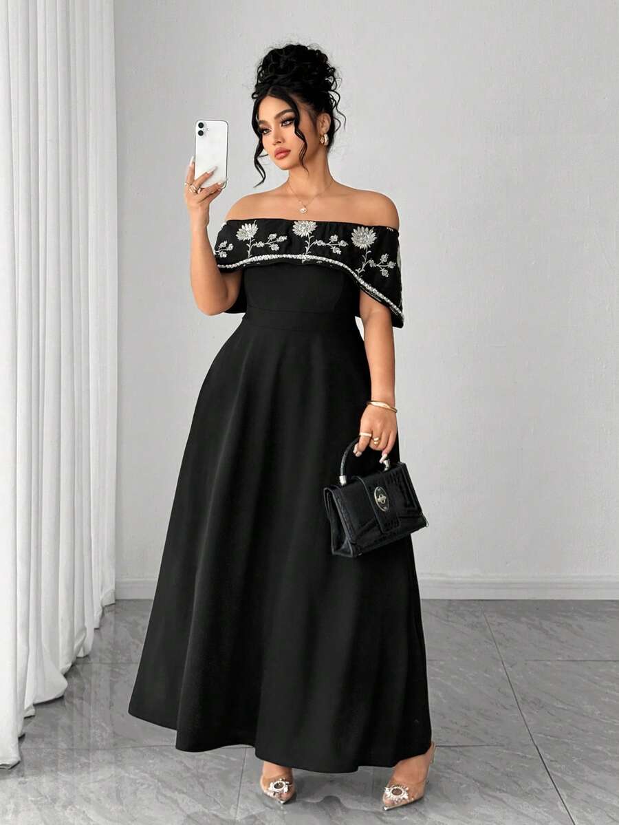 Elenzga 大码女式露肩亮片刺绣收腰优雅连衣裙 - 黑色 - 查看 1