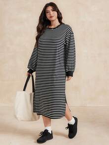 Dazy Plus Vestido camiseta de mujer de talla grande, estilo casual de calle, cuello redondo, a rayas, holgado, vestido largo tipo maxi para primavera/otoño - Blanco y Negro - Ver 4