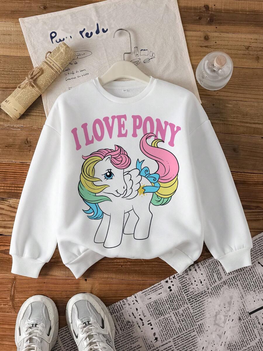 My Little Pony X SHEIN 少女休闲小马印花长袖圆领卫衣,适合秋冬季穿着 - 白色 - 查看 1