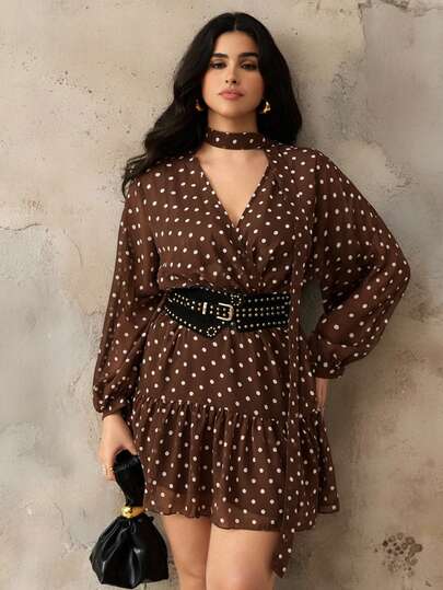 Roveilla Vestido de lunares negros con cuello en V y cintura con lazo, talla grande, otoño/invierno