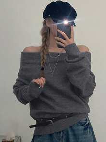 DAZY Women's Off-Shoulder Loose Regular Knit Sweater Y2k - Grey - View 7