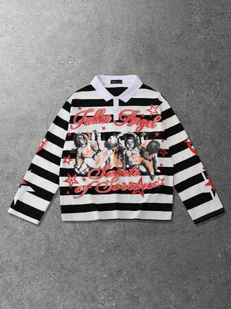 Chemise polo ample pour hommes avec imprimé de lettres et d'anges à rayures