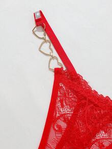 Silver Ribbon Heart Decorated Lace Splice G-String Panty, Sexy Bridallingerie, Rave - Red - View 8