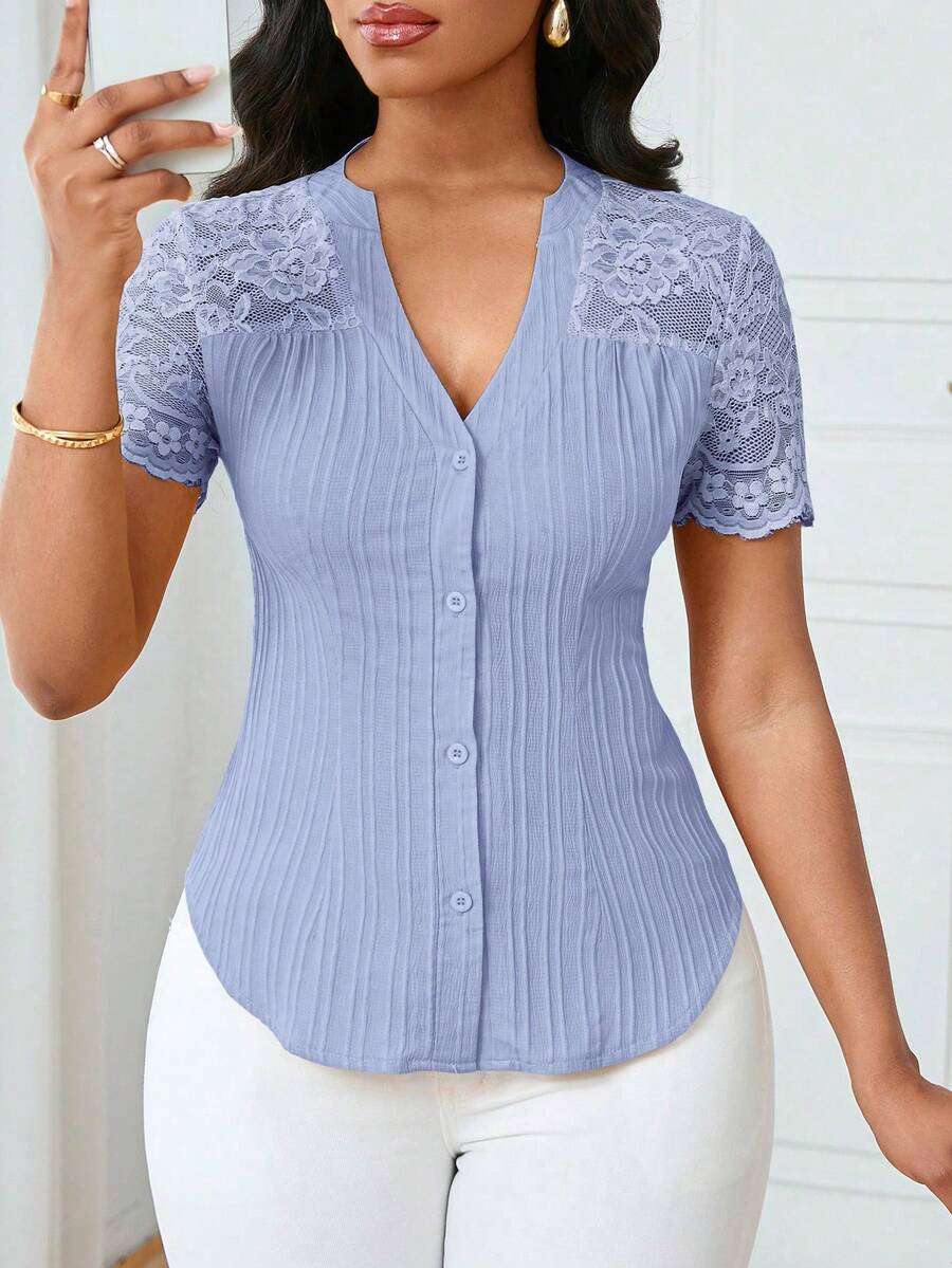 Lyxana Women's Minimalist Solid Color V-Neck Raglan Short Sleeve Elegant Blouse