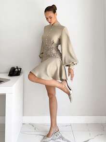 Siren Gaze Váy ngắn tay đèn lồng ren tương phản thanh lịch dành cho nữ, mùa thu - Màu be - Xem 5