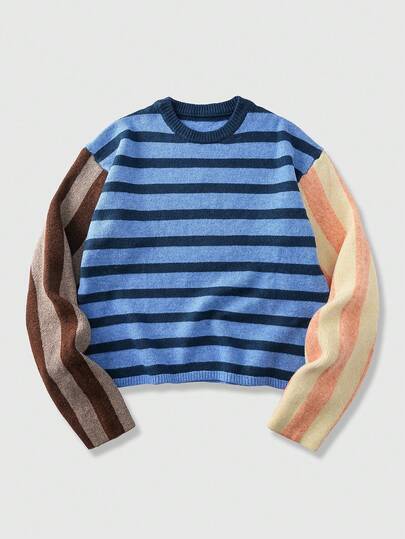 Pull décontracté col rond à rayures color block et patchwork pour hommes
