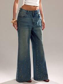 SHEIN Forever 21 Women's Loose Fit Pocket & Rivet Design Wide Leg Casual Jeans - Light Wash - View 5