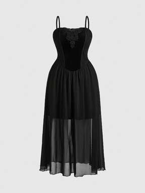 Gothic Retro Palace Elegant Long Women's Velvet Mesh Dress, Autumn/Winter Black Spaghetti Strap Dress, Vintage Luxurious Formal Gown, Plus Size Dress, Black Dress