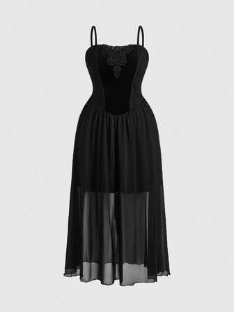 Gothic Retro Palace Elegant Long Women's Velvet Mesh Dress, Autumn/Winter Black Spaghetti Strap Dress, Vintage Luxurious Formal Gown, Plus Size Dress, Black Dress