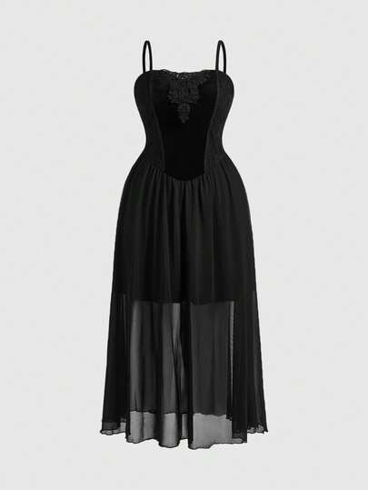 Goth Abito lungo in velluto e rete elegante e vintage stile gotico per donna, abito nero con spalline sottili per autunno/inverno, abito formale vintage di lusso, abito taglie forti, abito nero