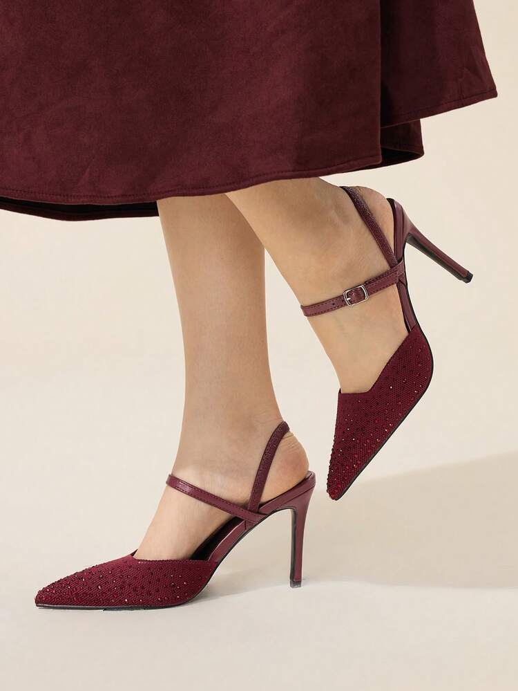 CUCCOO BASICS Fashionable Sexy Elegant Pointed Toe Stiletto Heels Shoes, Knitted Breathable Rhinestone Backless Pumps For Women For Christmas