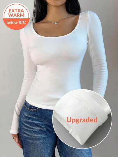 Fluxe Women's Casual Solid Color Knit Scoop Neck Long Sleeve Slim Fit T-Shirt, Upgraded Thermal Fabric, Thermal Lined Without Bulkiness, Slim Fitted Stretch Undershirt Tee Blouse For Fall And Winter