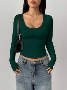 SHEIN PETITE Áo thun nữ dài tay cổ tròn màu đen dáng ôm tối giản, thích hợp cho mùa hè, thu/đông. - Màu xanh lá cây đậm - Xem 3