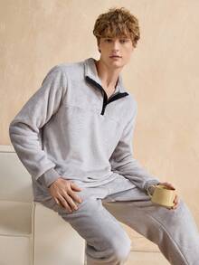 Manfinity Underwear&Sleepwear Basics Plus Size Men's Pajama Set, Stand Collar Button, Flannel, Elastic Waist, No Pockets - Grey - View 5