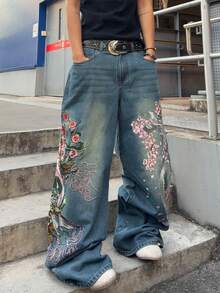 ROMWE MEN Men's Monster Embroidery Pocket Loose Fit Wide Leg Jeans