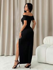 SHEIN PETITE Women's Elegant Off Shoulder High Slit Dress, Solid Color, Suitable For Party Black Dress With Slit Long Black Elegant Dress - Black - View 2