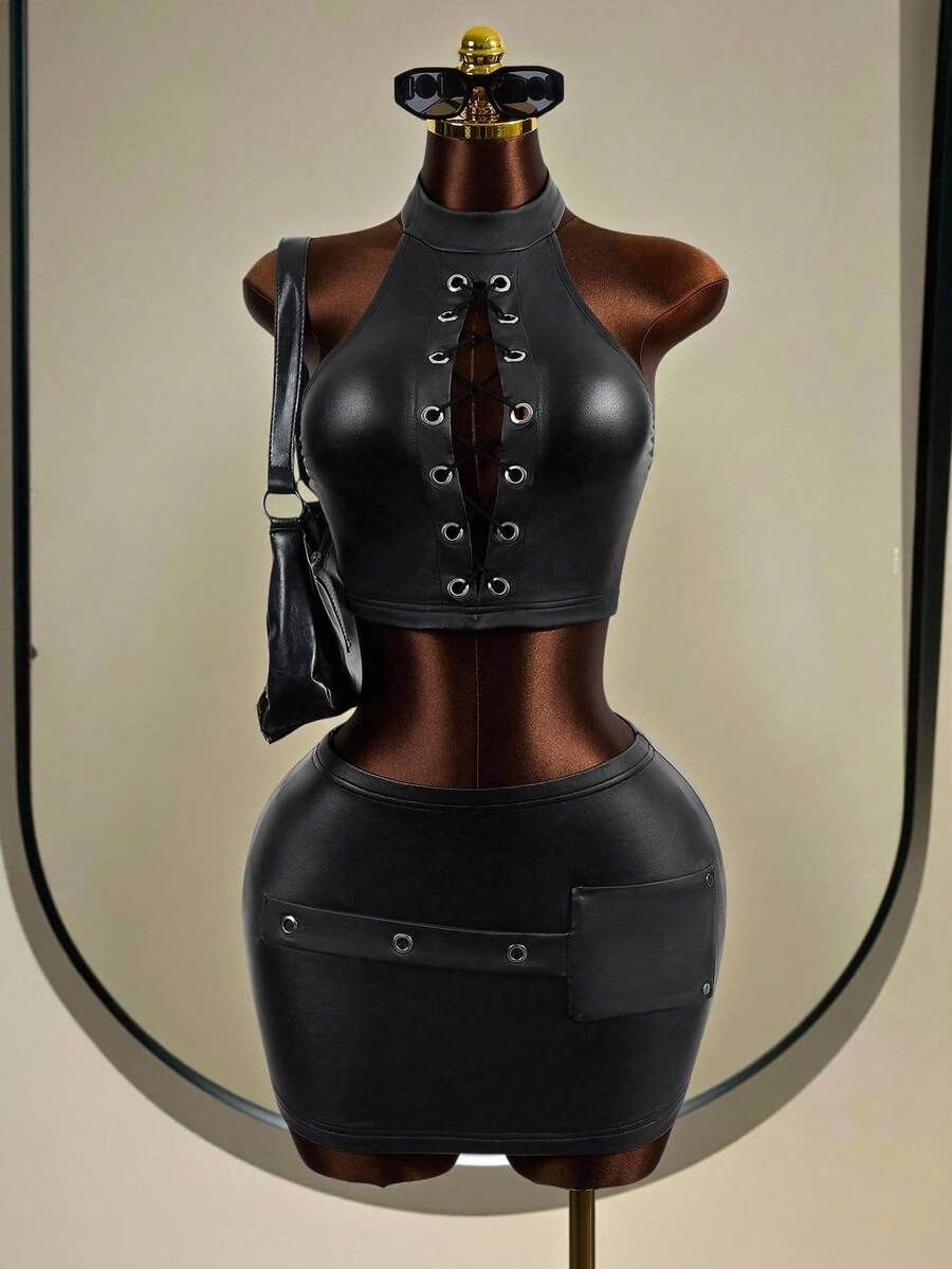 Mistrie Set de două piese pentru femei, culoare solidă, fără mâneci, cu guler înalt, sexy, punk, top scurt, decupat, fustă mini, cu nituri cu ochiuri și design cu șireturi, piele PU cu căptușeală termică subțire, și cool pentru streetwear, ținută de petrecere de Halloween, femei de toamnă, femei de iarnă.