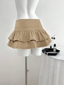 SHEIN Unity Váy denim mini viền bèo nhún thời trang nữ - Màu Khaki - Xem 2